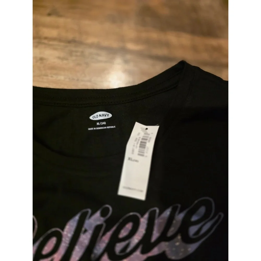 Old Navy Girls XL 14 Black Believe in Love Galaxy Graphic Long Sleeve Tee NWT